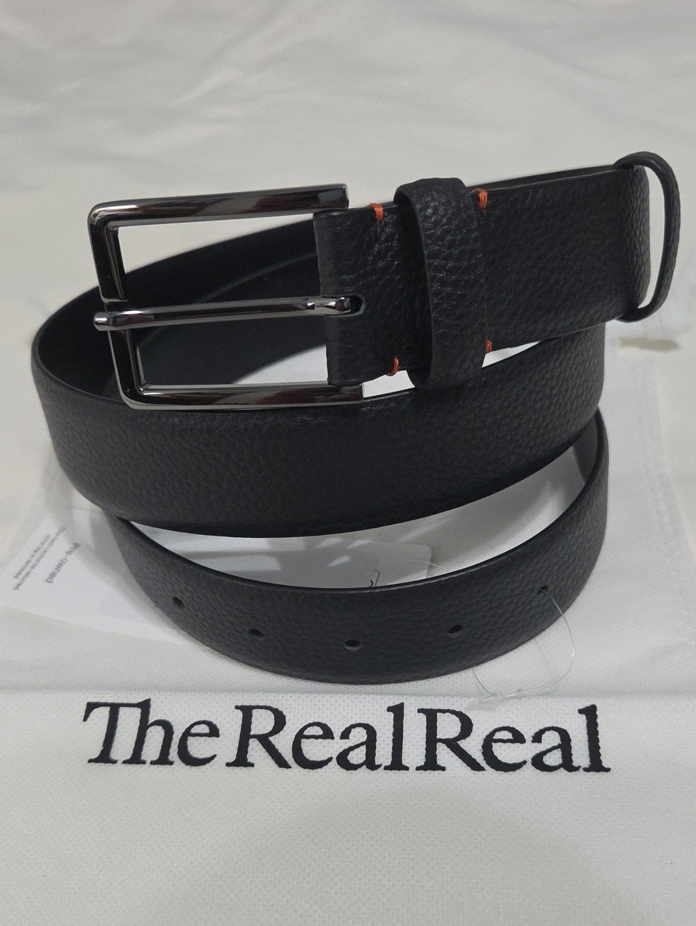 Loro Piana Black Leather Belt with Orange Stitching Dark Silver Buckle